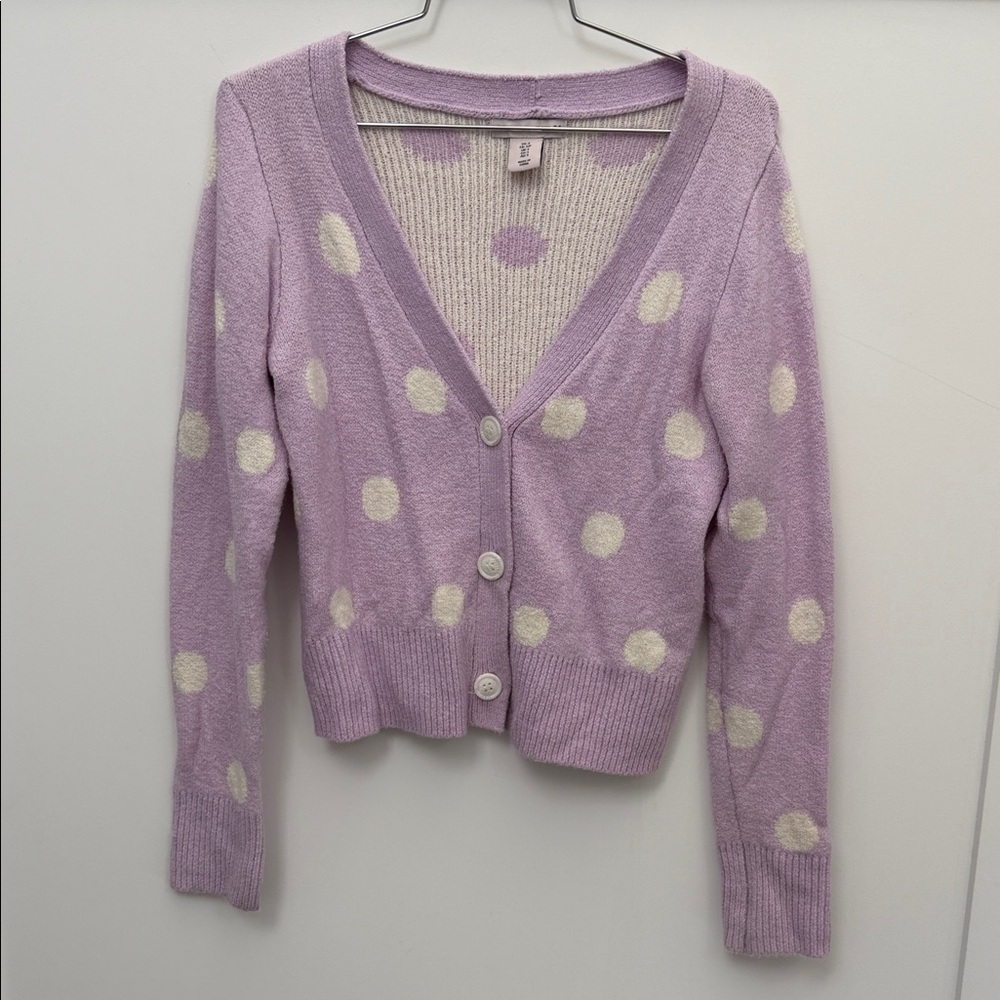 Sincerely Jules Lavender Polka Dot Women's button up knit cardigan. Size small
